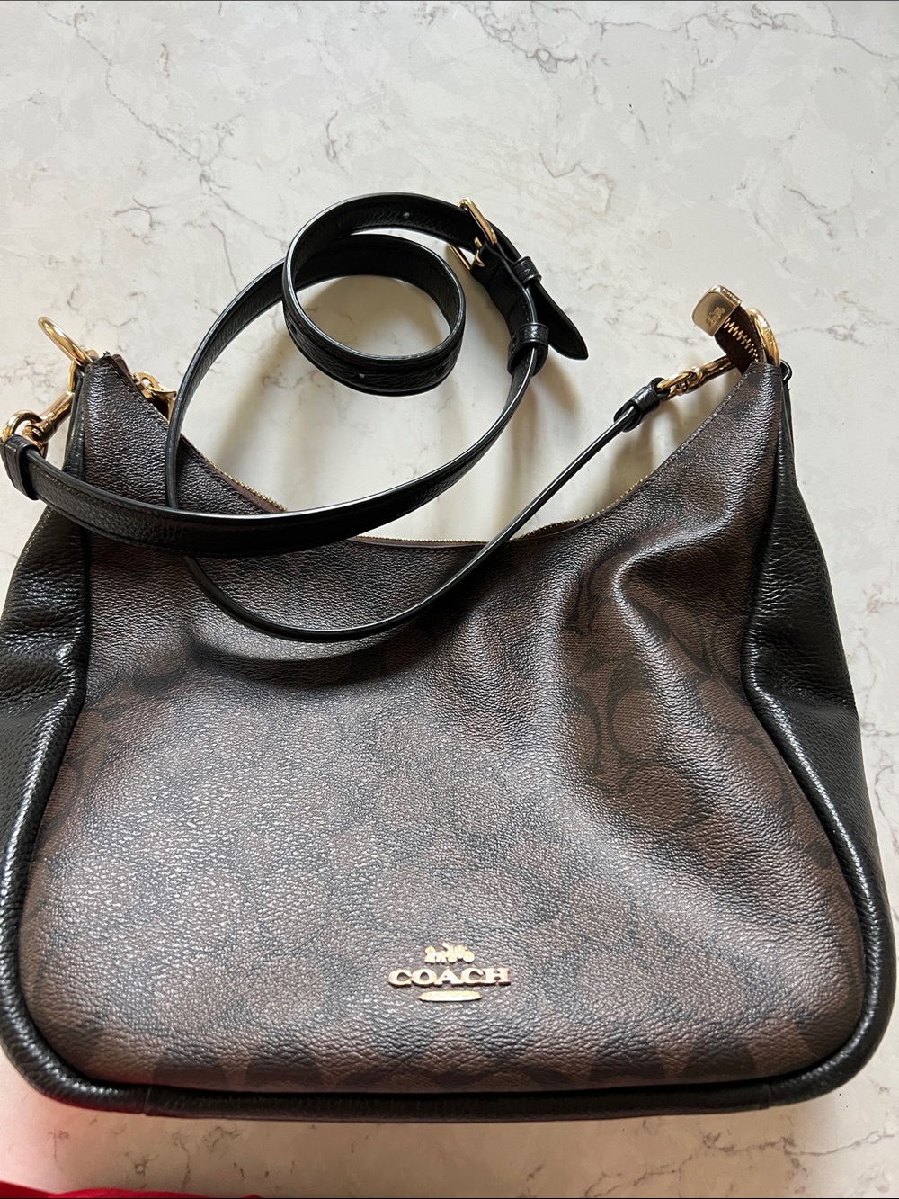 Coach Brown and Black Signature Shoulder Bag with Gold Hardware